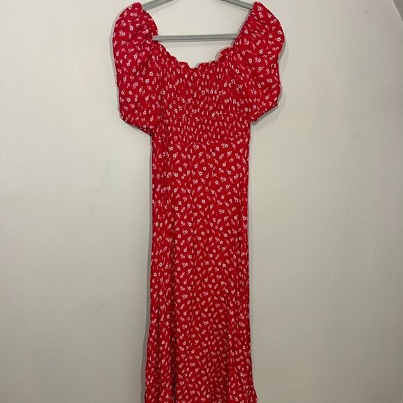 & Other Stories Red Floral Puff Sleeve Milkmaid Maxi Dress Cottagecore Coquette - Picture 11 of 15